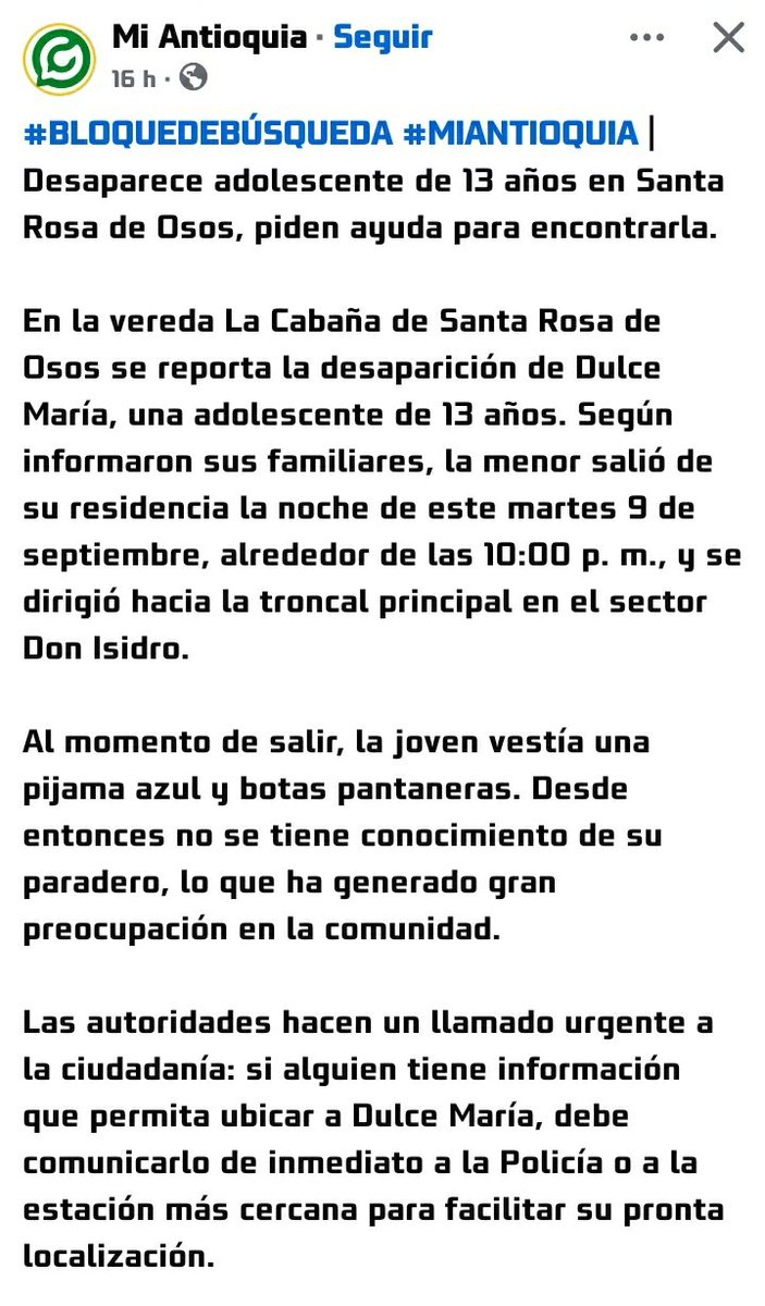 <a href="/Encontrarles/">#HastaEncontrarles</a> <a href="/colectivaBHE/">Colectiva Buscarlas Hasta Encontrarlas.</a> 

La niña desaparecida del día 😔🥀

#SeBusca #SantaRosaDeOsos #Antioquia 

(<a href="/ICBFColombia/">Bienestar Familiar | ICBF</a> <a href="/AstridCaceresC/">Astrid Cáceres</a>)
