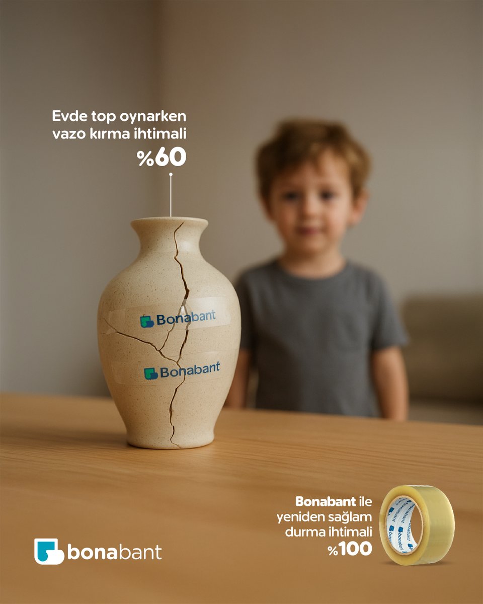 ⚽ Evde top oynarken vazo kırma ihtimali %60…
💪 Ama Bonabant ile yeniden sağlam durma ihtimali %100!

Her anın kazasını çözüme dönüştüren güçlü yapışkan özelliğiyle, Bonabant evinizde de işinizde de güvenle yanınızda.
Kırılanı hayata döndür, paketi sağlamlaştır, farkı hisset!