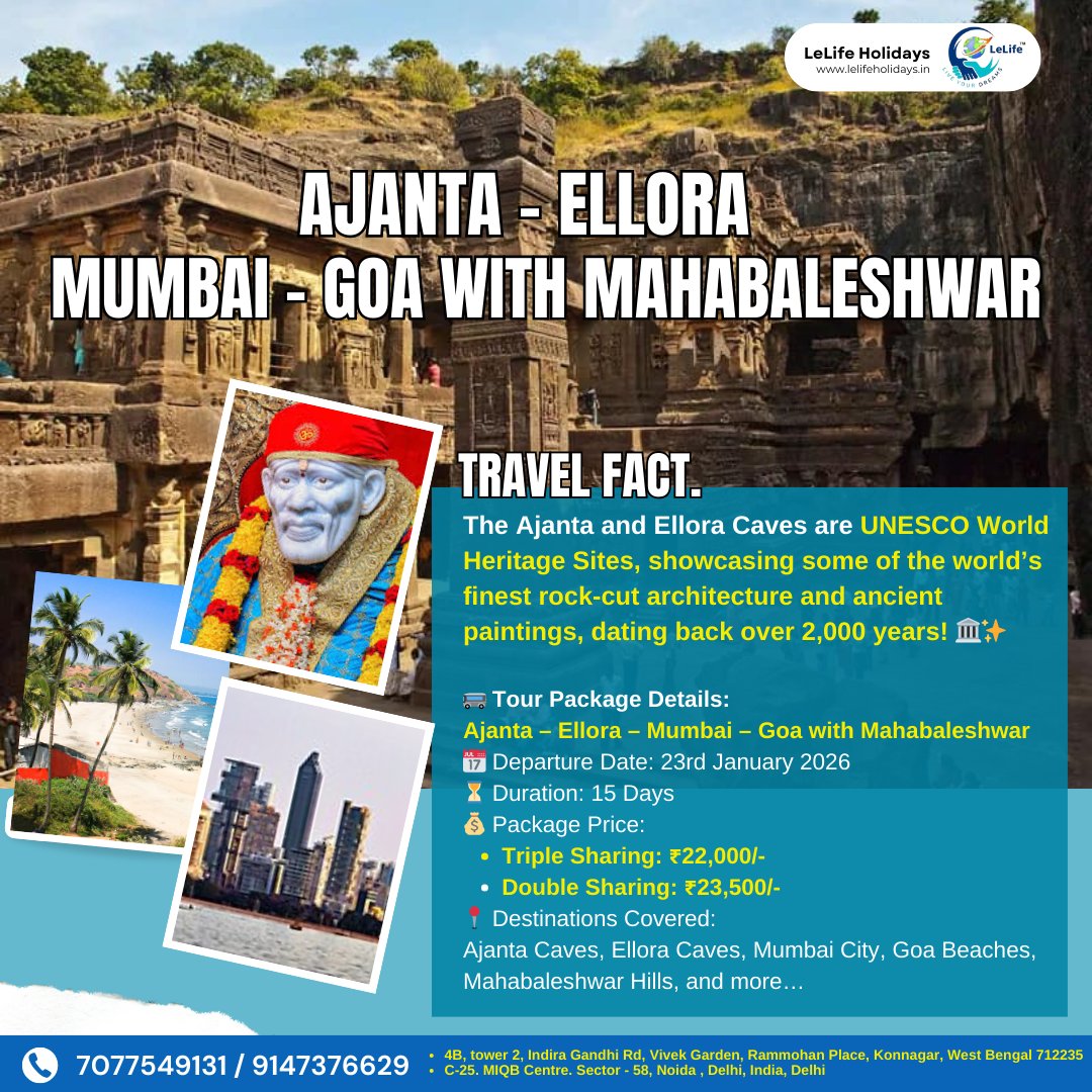 LelifeHolidays's tweet image. Explore Ajanta – Ellora, Mumbai &amp;amp; Goa with Mahabaleshwar!
#AjantaEllora #GoaBeaches #MumbaiTour #MahabaleshwarHills #LeLifeHolidays #TravelIndia #HeritageTour #IncredibleIndia #HolidayVibes #UNESCOHeritage #ExploreIndia #Wanderlust #GoaTrip #AjantaCaves #ElloraCaves
