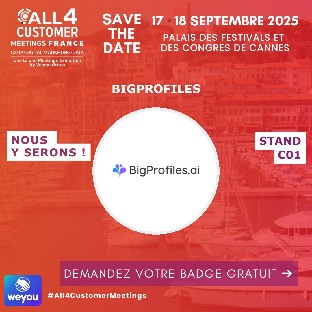 📢 BigProfiles.ai will join All4Customer Meetings in Cannes on Sept 17–18! 🇫🇷

Our Country Manager France &amp; UK, Roberto Donati, will showcase how our AI Agent boosts acquisition, retention &amp; CX with predictive models.

#AI #CustomerExperience