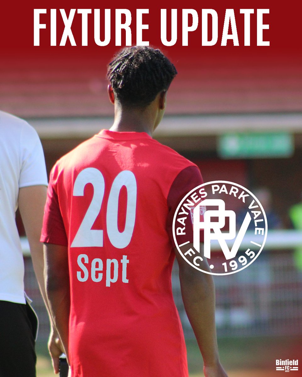 Binfield FC (@binfieldfc) on Twitter photo ๐จ ๐๐ฒ๐๐ฝ๐พ๐ป๐ฎ ๐ค๐น๐ญ๐ช๐ฝ๐ฎ
๐ Due to <a href="/LeatherheadFC/">Leatherhead FC</a> participation in the FA Trophy, our <a href="/IsthmianLeague/">The Pitching In Isthmian League</a> game has been moved to Tuesday 30th Sept.
๐  As a result, we will face <a href="/RPVFC/">Raynes Park Vale FC</a> at Hill Farm Lane on Sat 20th ๐ช
๐ธ <a href="/ThompsonSinead/">sinead thompson</a> 
#BinfieldFC ๐จ ๐๐ฒ๐๐ฝ๐พ๐ป๐ฎ ๐ค๐น๐ญ๐ช๐ฝ๐ฎ
๐ Due to <a href="/LeatherheadFC/">Leatherhead FC</a> participation in the FA Trophy, our <a href="/IsthmianLeague/">The Pitching In Isthmian League</a> game has been moved to Tuesday 30th Sept.
๐  As a result, we will face <a href="/RPVFC/">Raynes Park Vale FC</a> at Hill Farm Lane on Sat 20th ๐ช
๐ธ <a href="/ThompsonSinead/">sinead thompson</a> 
#BinfieldFC