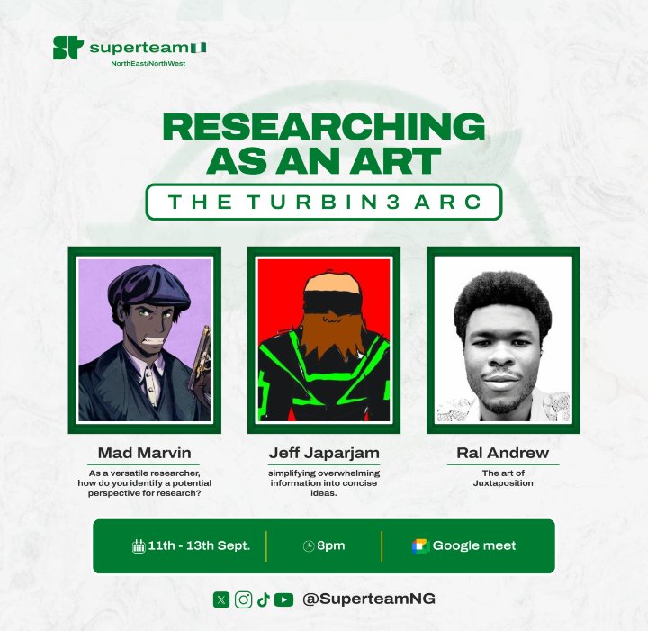 Exciting three days ahead 🔥🔥
Not too late for you either, book your spot ASAP.
<a href="/SuperteamNG/">Superteam Nigeria</a> NE/NW workshop is definitely going to be lit. 
Come for the knowledge, stay for the alpha 🔥
Speakers are not ones you'd like to miss out on.
<a href="/MarvinSunday4/">Mad Marvin ☘️</a> 
<a href="/japarjam/">japarjam</a> 
<a href="/RalAndrewTalks/">Ral Andrew</a>