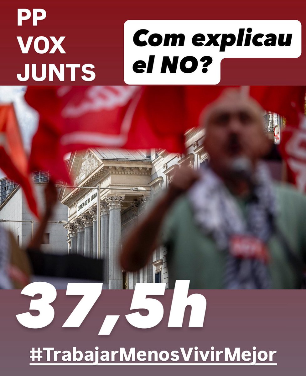 ⏰ Reduir la jornada a 37,5h millora l’economia i la vida de les persones treballadores 🙌

❌ PP, Vox i Junts han votat en contra.
👉 Hauran d’explicar per què no volen conciliació ni salut laboral.

#UGT #37h30 #DretsLaborals