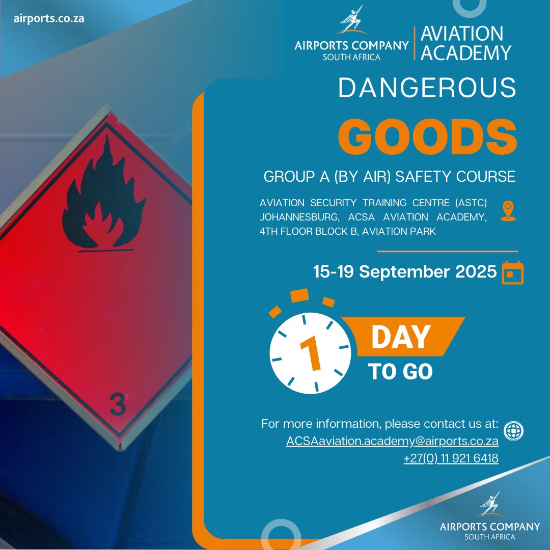 1 Day to Go! ⏳✈️
The final countdown is here! Don’t miss out on our Dangerous Goods Group A (By Air) Safety Course, your opportunity to boost aviation safety expertise and ensure compliance with global standards.
📅 15–19 September 2026
📍 Aviation Security Centre, ACSA Aviation