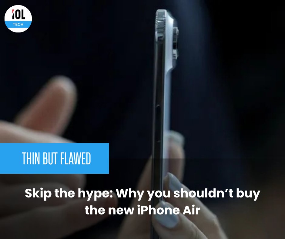 IOL's tweet image. The new iPhone Air may look sleek, but critics say its ultra-thin design sacrifices battery life, camera versatility, and long-term durability.
#iPhoneAir #TechRealityCheck #GadgetCritique #iPhone17Series @TechIol 
Read on tinyurl.com/ymrar5j9