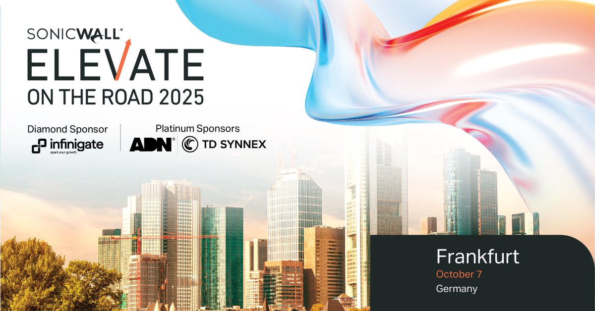 DE_SonicWall's tweet photo. Elevate Frankfurt – 23. September Upper East Side 

Wir freuen uns auf exklusive Insights, spannende Produktneuheiten,  und Networking rund um Cybersecurity.
Dankeschön an unsere Sponsoren Infinigate, ADN und TD Synnex!
#SonicWall #Elevate2025 #CyberSecurity #PartnerPower https://t.co/ASNl03UJxw