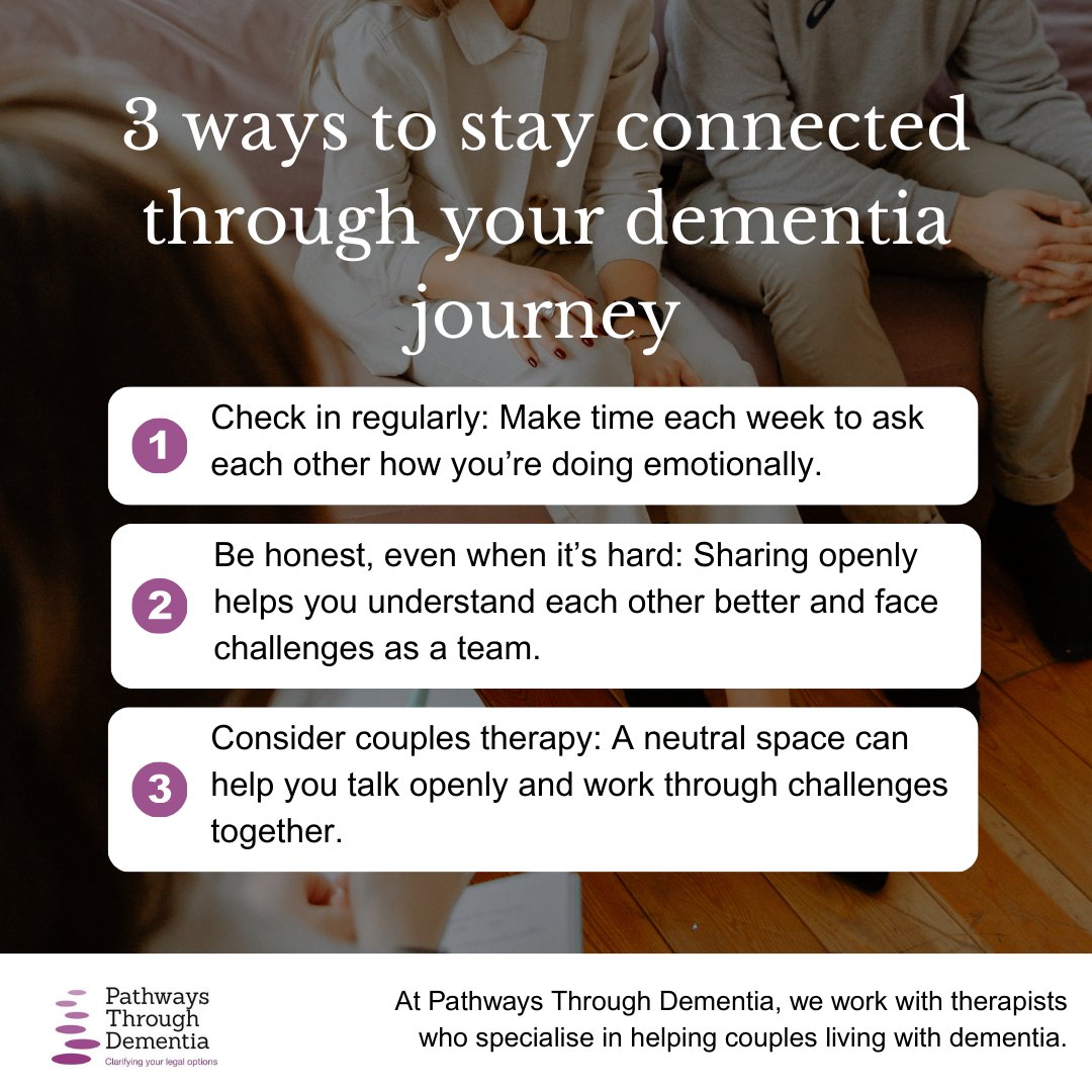 3 ways to stay connected through #dementia:

1️⃣ Check in regularly.
2️⃣ Be honest, even when it’s hard.
3️⃣ Consider couples therapy.

Love, understanding, and open communication are worth investing in 💜

Find out more about couples therapy: pathwaysthroughdementia.org/contact-us/
