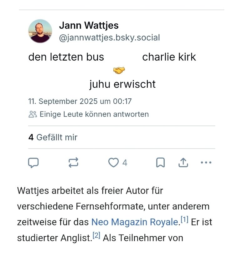 Jann Wattjes (Autor verschiedener Fernsehformate, unter anderem zeitweise für das Neo Magazin Royale von Jan Böhmermann) zum tödlichen Anschlag auf Charlie Kirk. #OerrBlog