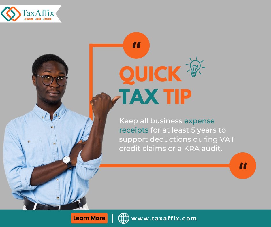 taxaffix's tweet photo. That moment KRA requests an audit for FY 2019... 😅 Will your records hold up?

Missing receipts can mean missing VAT claims or major penalties during an audit.

Visit our website at https://t.co/sEIGBv2yUD to book a free compliance check session today.

#Kenya #BusinessKenya https://t.co/7EICoVPWBa