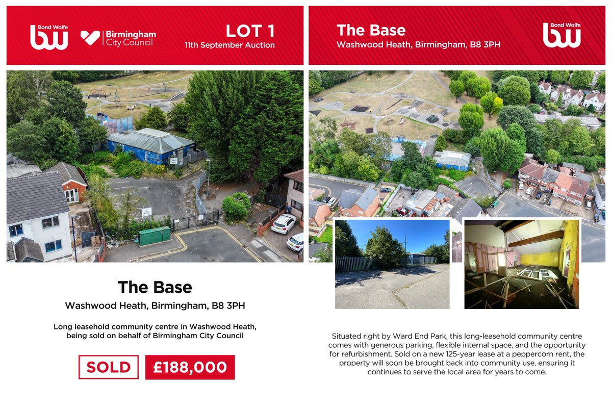 🔨 SOLD - Lot 1: The Base, Washwood Heath! ⭐️

Kicking off today’s auction in style, the first lot of the day has SOLD! 🎉

Sold on behalf of <a href="/BhamCityCouncil/">Bham City Council</a>, the property is set to be brought back into community use - a real win for Washwood Heath and its residents. 💙