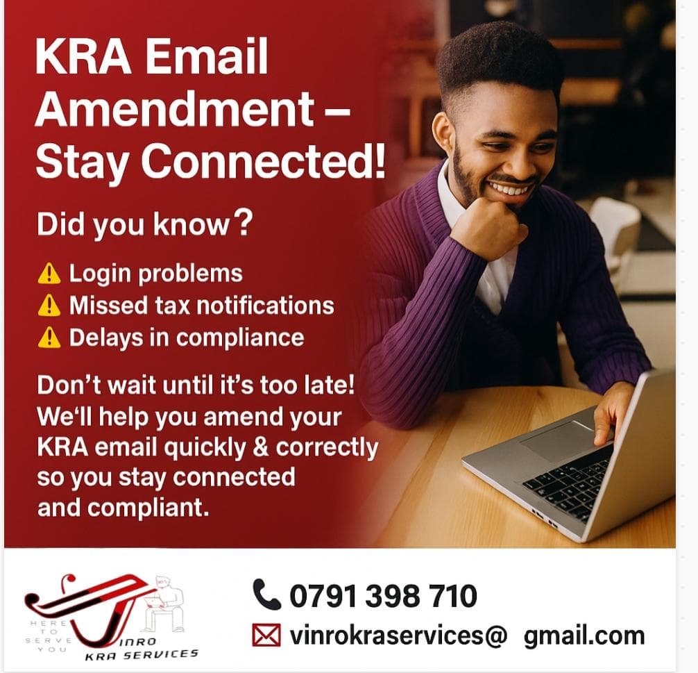 ✉️ Changed your email?
Update it with KRA to avoid login issues &amp; missed tax notices.
We handle KRA email amendments fast &amp; stress-free ✅

📞 0791 398 710 | 📧 vinrokraservices@gmail.com
#KRA #TaxCompliance #VinroKRAServices