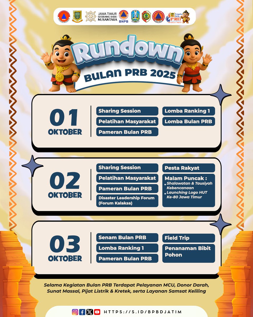 Hallo #SobatTangguh

Jawa Timur akan menjadi tuan rumah gawe nasional kebencanaan; Peringatan Bulan Pengurangan Risiko Bencana (PRB) pada tanggal 1-3 Oktober 2025.

Ayoo, semarakkan kegiatan Bulan PRB 2025

Ingat!!
"Bencana Tidak Bisa Menunggu. Kesiapsiagaan Menjadi yang Utama."