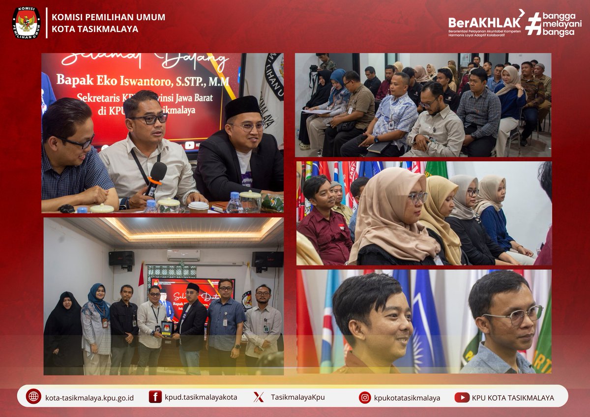 #TemanPemilih, Rabu (10/09/25), KPU Kota Tasikmalaya menerima Kunjungan Kerja dari Sekretaris KPU Provinsi Jawa Barat. Kunjungan ini menjadi momen penting untuk memperkuat sinergi, koordinasi, sekaligus memperdalam tanggung jawab kita sebagai penyelenggara pemilu.

#KPUMelayani