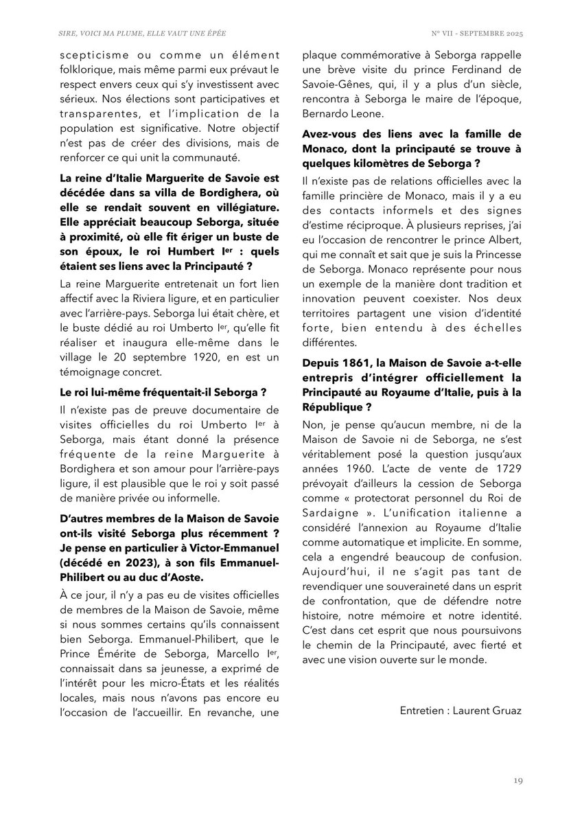 📖✨ S.A.S. la Principessa Nina di Seborga è stata recentemente intervistata da Les Cahiers du Cercle de Savoie, la rivista culturale pubblicata dal Cercle Royal de Savoie, un’associazione francese che si dedica alla promozione e valorizzazione dell’identità culturale e storica