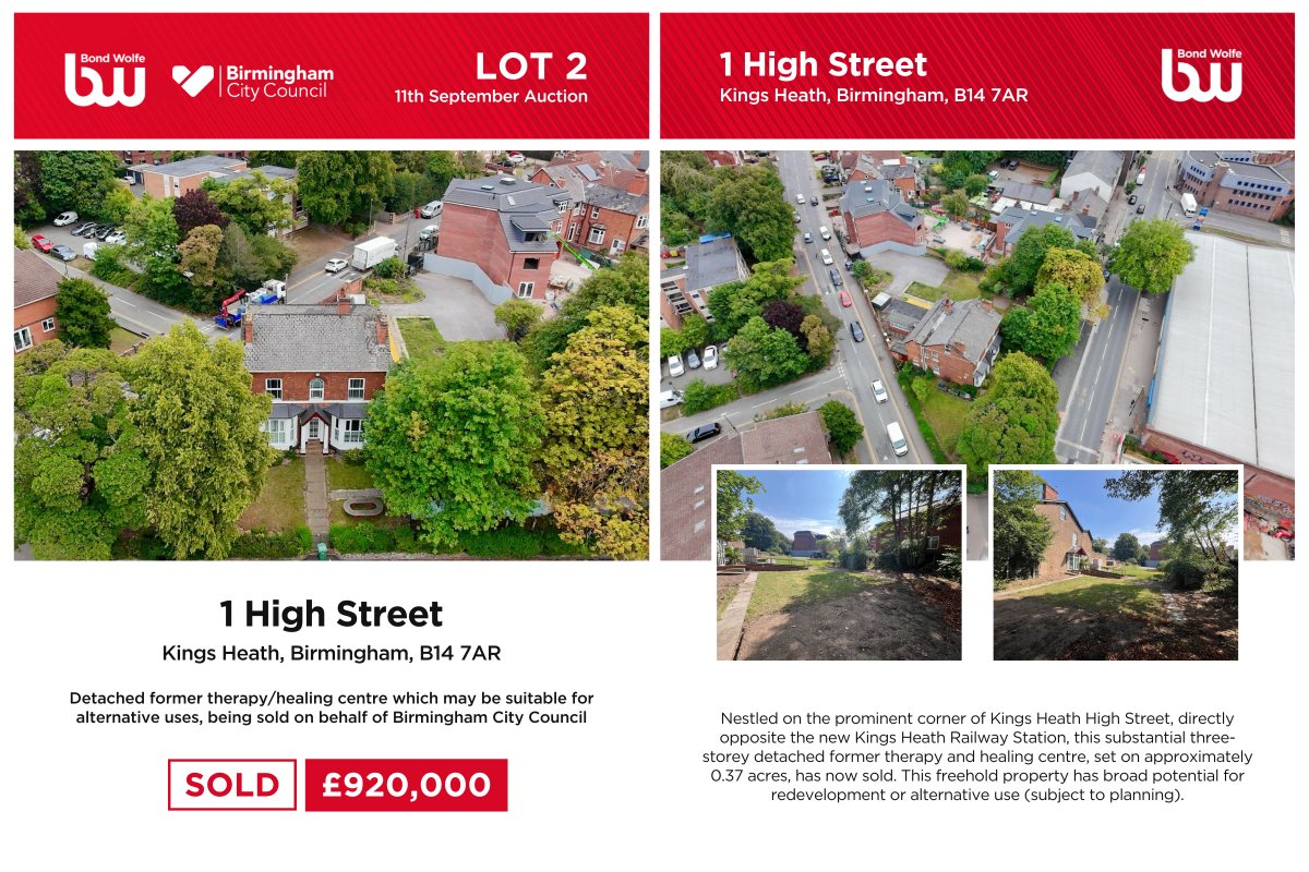 🔨 The momentum continues… our second lot of the day has now SOLD! ⭐️

This three-storey detached former therapy and healing centre sits on a substantial 0.37-acre corner site on Kings Heath’s bustling High Street.  🏘️🌳

Sold on behalf of <a href="/BhamCityCouncil/">Bham City Council</a>. 🤝