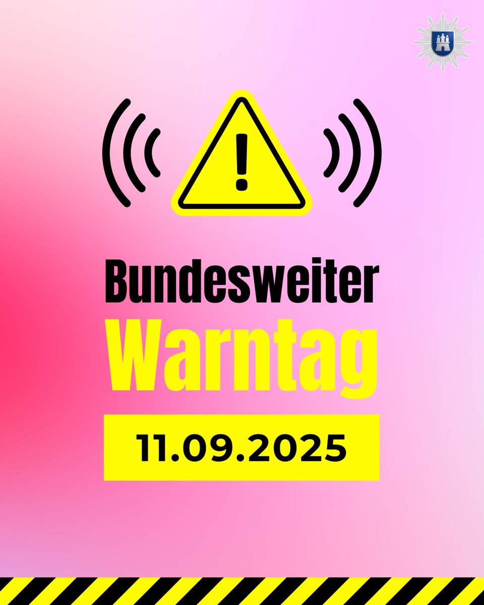 PolizeiHamburg's tweet photo. Heute ist bundesweiter Warntag! 🚨

Heute, am 11. September, wird in ganz Deutschland der Katastrophenfall getestet. 📢

Um 11 Uhr ertönt eine Probewarnung – über Sirenen, Radio, TV, Warn-Apps und auch direkt auf den Smartphones. 📱 

Gegen 11:45 Uhr folgt dann die Entwarnung.

👉🏼 Der gemeinsame Aktionstag von Bund, Ländern und Kommunen hat nach Angaben des Bundesamts für Bevölkerungsschutz und Katastrophenhilfe (BBK) das Ziel, die Bevölkerung mit dem Thema Warnung vertraut zu machen.

Weitere Informationen:
https://t.co/UgGJqE91d2