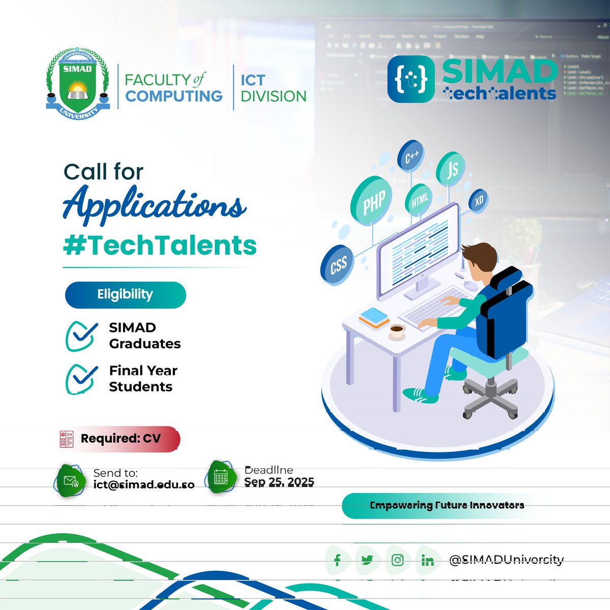SIMADUniversity's tweet photo. 🚀 Ready to innovate?
#TechTalents is your gateway to mentorship, training & digital skills to tackle real-world challenges in tech & AI.
Apply today and be part of tomorrow’s innovators.
#SIMADUniversity #SUTechTalents #DigitalSkills #SIMADLeads https://t.co/vO0Nc2UZgX