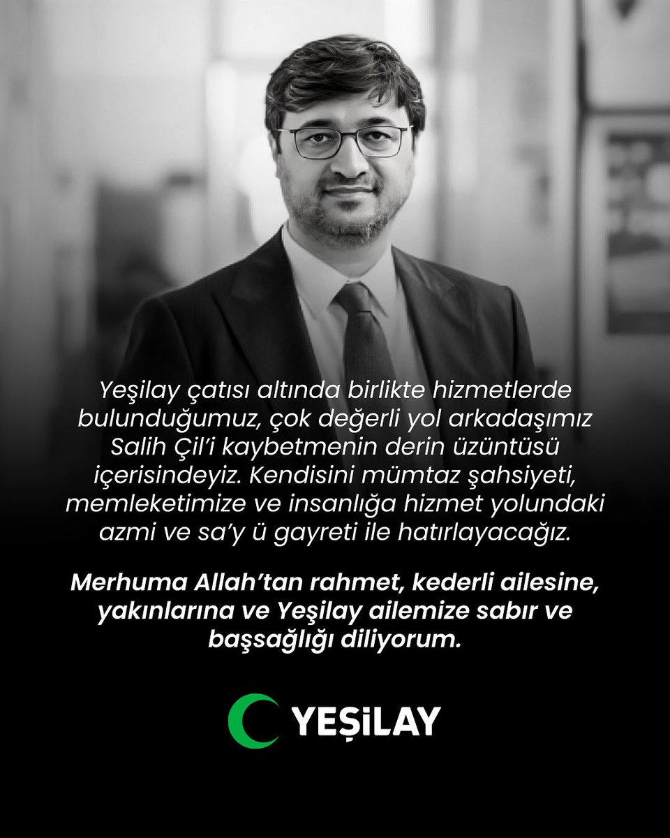 Yeşilay çatısı altında birlikte hizmetlerde bulunduğumuz, çok değerli yol arkadaşımız Salih Çil’i kaybetmenin derin üzüntüsü içerisindeyiz. Kendisini mümtaz şahsiyeti, memleketimize ve insanlığa hizmet yolundaki azmi ve sa’y ü gayreti ile hatırlayacağız. 

Merhuma Allah’tan