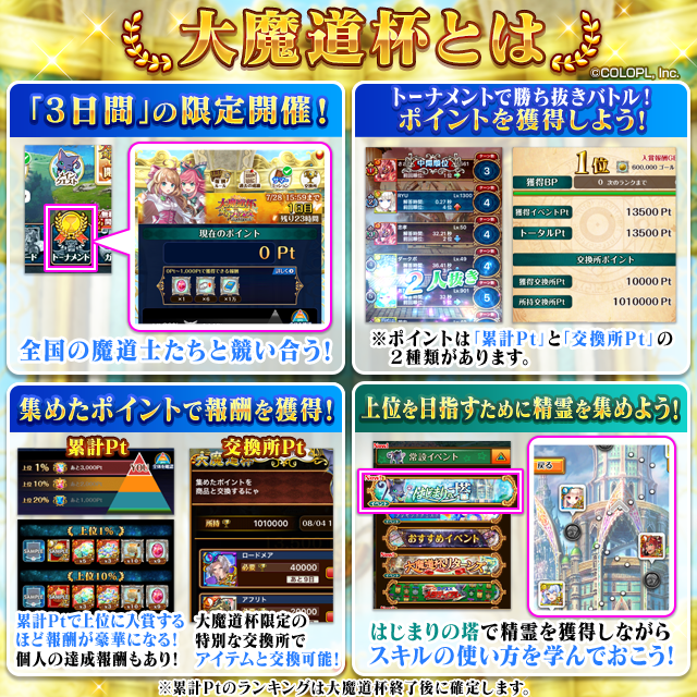 colopl_quiz's tweet image. 🏆 大魔道杯とは…🏆

3日間開催されている魔道士たちのための大会のようだ…

大会に誘われたグラップラー達の行く末はいかにッッ！？

クエストをクリアしてポイントを入手すると
そのポイントで魅力的な報酬をGETできるッ!!

#黒猫刃牙コラボ #黒ウィズ