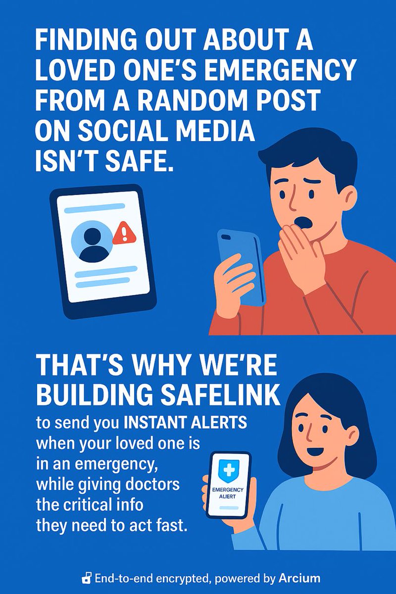 SafeLink__'s tweet photo. π¨ Finding out about a loved oneβs emergency on social media isnβt safe.
Thatβs why we are building SafeLink β instant alerts + secure medical info for health providers , so care starts fast.
π Stay connected. Stay protected. #SafeLink #HealthTech https://t.co/y4W6dijf3u
