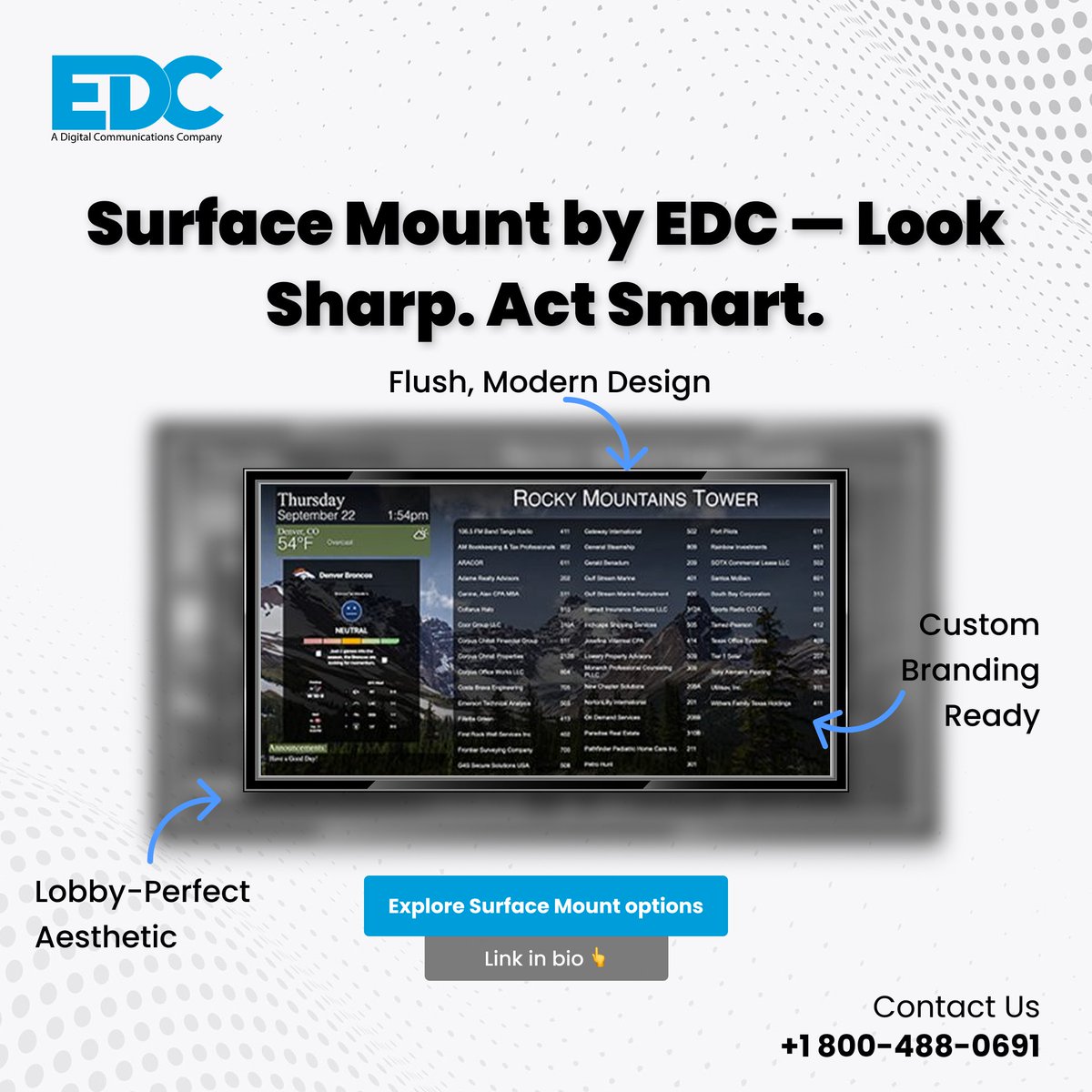 marketingedc35's tweet image. 📌 Surface Mount that speaks for itself.
Sleek. Branded. ADA-ready. No wall damage—just high impact.
Perfect for lobbies, high-traffic zones &amp;amp; modern spaces.
📲 Link in bio to explore more.

#SurfaceMount #SmartSignage #Wayfinding #EDCSignage #ADACompliant #CorporateFacilities