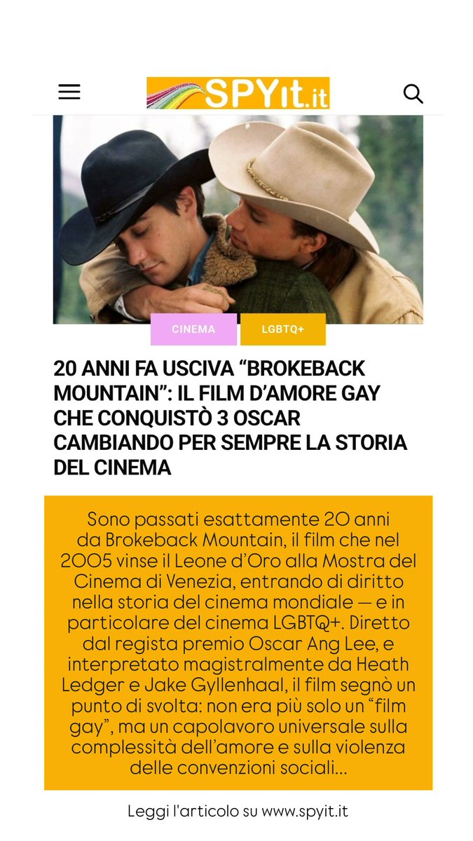 SPYit_official's tweet image. Sono passati esattamente 20 anni da #BrokebackMountain, il film che nel 2005 vinse il Leone d’Oro alla Mostra del Cinema di Venezia, entrando di diritto nella storia del cinema mondiale.
L'articolo su spyit.it 

#brokeback #Oscar #palmadoro #cinemagay #filmgay
