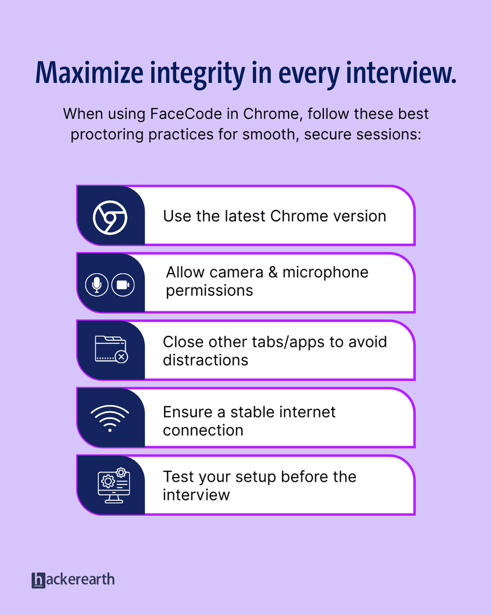 HackerEarth's tweet image. 🛡 Fairer interviews start with prep.
Use FaceCode in Chrome?
👉 Update Chrome, allow camera/mic, close tabs, check net, test setup.
Small steps = bias-free hiring.

#FaceCode #BiasFreeHiring #HackerEarth