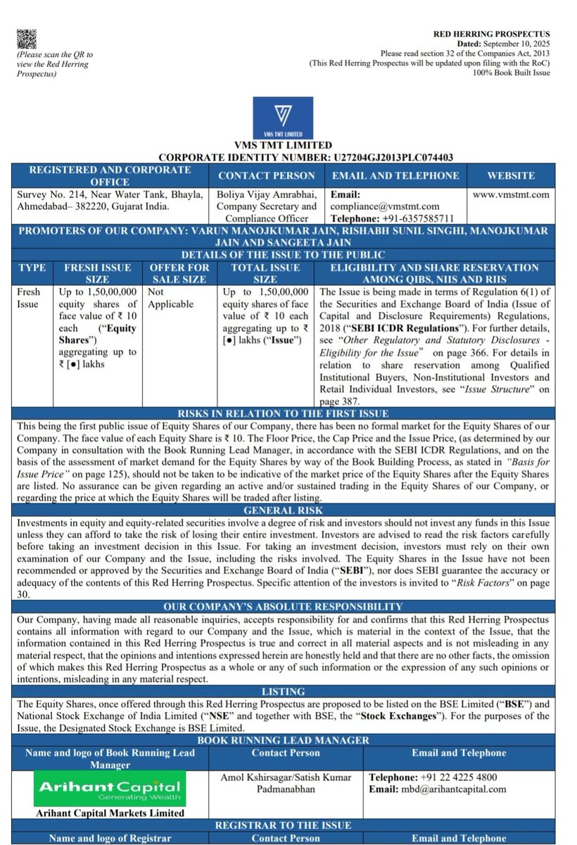 ipo_in's tweet photo. 🚨BREAKING IPO KING News🚨

VMS TMT Limited filed RHP with SEBI on 10-Sep-2025 for IPO

Issue Date : 17-Sep to 19-Sep, 2025
Fresh : 1,50,00,000 Shares
Ofs : -
Retail : 50%.
FV : ₹10

#IPO #IPOAlert #IPOKing #IPOTracker #VmsTmtIPO https://t.co/rmQ85Cc0ZU