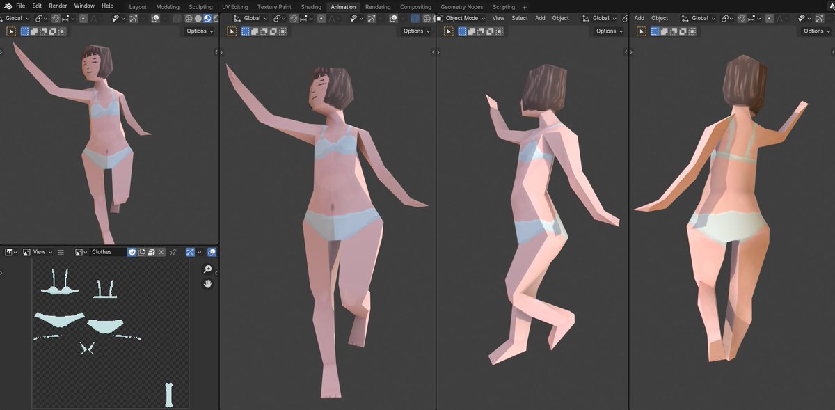 2TonMucho's tweet photo. #blender #godot #lowpolygon
Test modeling for new game...
132 polygons, 256 x 256 texture.
With face expressions, and multiple clothes. https://t.co/FLwqXCa7DQ