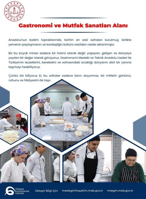 Multiple photos of chefs in white uniforms working in a kitchen. They are preparing food on countertops, rolling dough, and handling ingredients. Text overlays include "Gastronomi ve Mutfak Sanatları Alanı Ne İşe Yarar?" and lists of skills and goals related to gastronomy and Turkish cuisine.