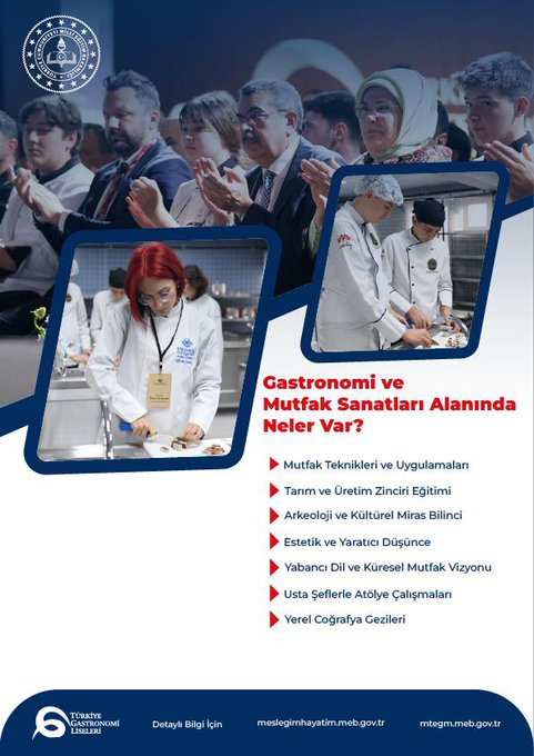 Multiple photos of chefs in white uniforms working in a kitchen. They are preparing food on countertops, rolling dough, and handling ingredients. Text overlays include "Gastronomi ve Mutfak Sanatları Alanı Ne İşe Yarar?" and lists of skills and goals related to gastronomy and Turkish cuisine.