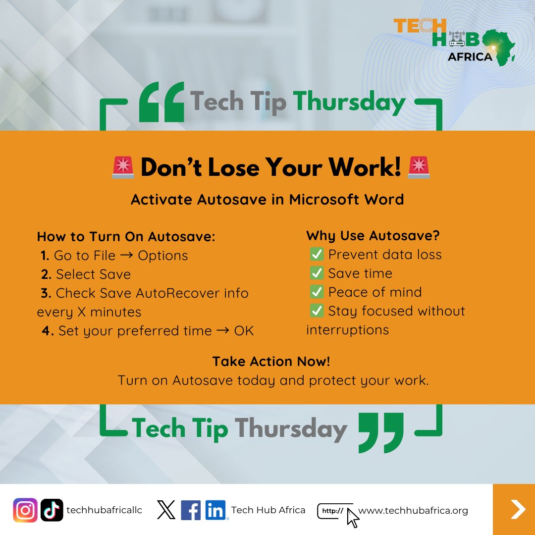 techhub_africa's tweet image. ✨ Tech Tips Thursday ✨
Don’t let crashes steal your hard work! 📝💻
Turn on Autosave in Microsoft Word to:
✅ Prevent data loss
✅ Save time
✅ Stay stress-free
Protect your work today & thank yourself tomorrow. 🙌
#TechTipsThursday #MicrosoftWord #Autosave #TechHubAfrica