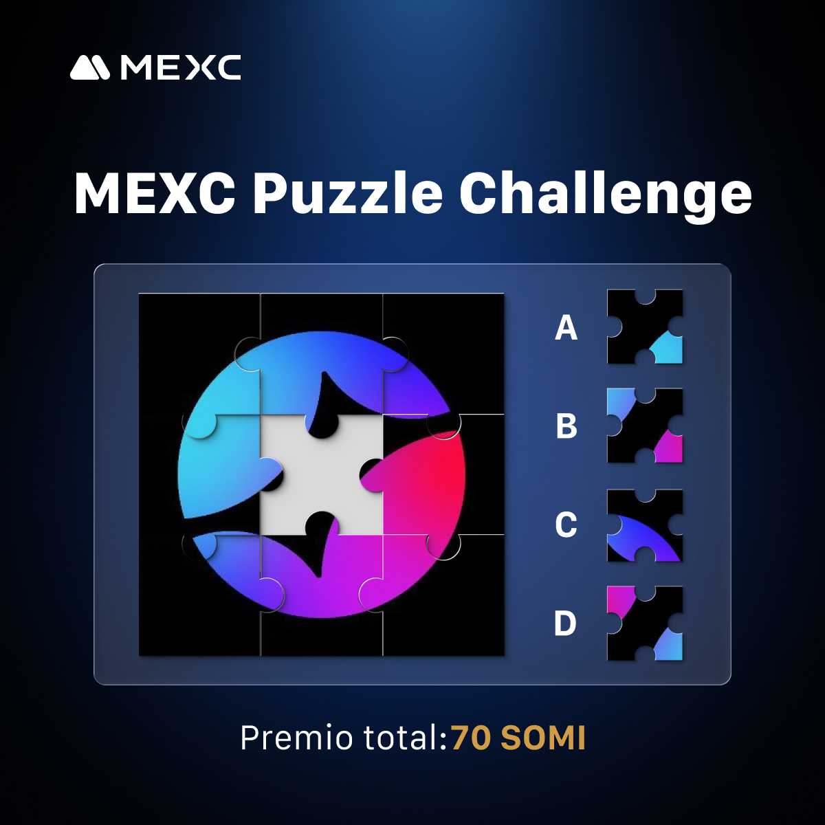 🧩 Puzzle Challenge

7 ganadores se llevarán 10 $SOMI cada uno

👉 Cómo participar:
Rellena este formulario:gleam.io/eJZqN/puzzle-c…

⏳Finaliza el 14 de septiembre a las 23:59 (UTC)

Qué tan rápido puedes resolver este reto? 
Pruébalo ahora! 

#MEXC #Airdrop #CryptoGiveaway