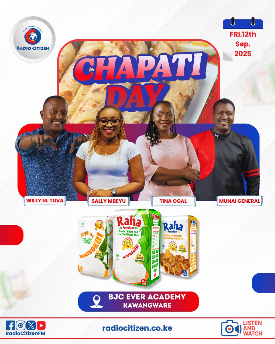 RadioCitizenFM's tweet photo. Chapati Day imefika 🔥😋 cha ukweli!
Kesho Fri 12th Sep. @ BJC Ever Academy, Kawangware 🥘
@mzaziwillytuva, @Sally_Mbeyu, @OgalTina &amp; @abdimunai  tuko pamoja kushiriki lunch na wanafunzi 🥳❤️

👉 Kwa hisani ya @raha_premium 
#ChapatiDay 
#RahaPremium 
#RadioNumberOne https://t.co/NOqEcbwNe9