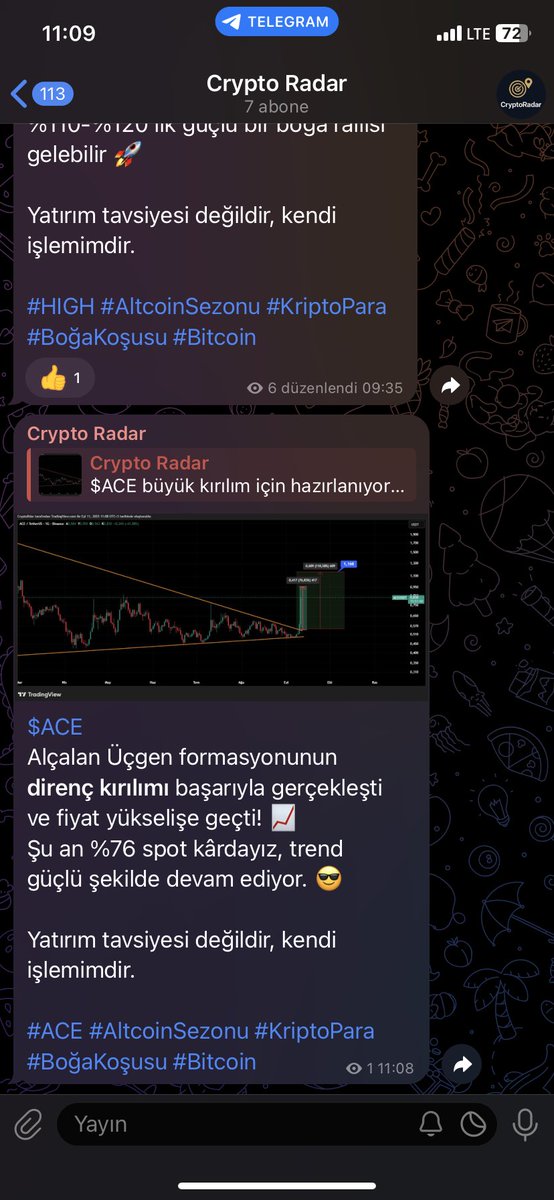 CryptoRdar's tweet photo. $ACE 7 Ağustos’da Telegram kanalımızda paylaştık ve şu an patlama yaptı.

Telegram’da takip için: https://t.co/NF7sn7toNO adresini tıklayıp takip etmeyi unutmayın 

Alçalan Üçgen formasyonunun direnç kırılımı başarıyla gerçekleşti ve fiyat yükselişe geçti! 📈
Şu an %76 spot kârdayız, trend güçlü şekilde devam ediyor. 😎

Yatırım tavsiyesi değildir, kendi işlemimdir.

#ACE #AltcoinSezonu #KriptoPara #BoğaKoşusu #Bitcoin