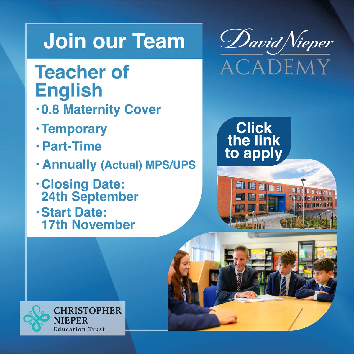 nieperacademy's tweet photo. David Nieper Academy are recruiting a Teacher of English.  Closing date: 9:00am, 24th September 2025

@mynewterm

Apply now: https://t.co/t5UBa9Yn8E https://t.co/61dmkE4ZGU