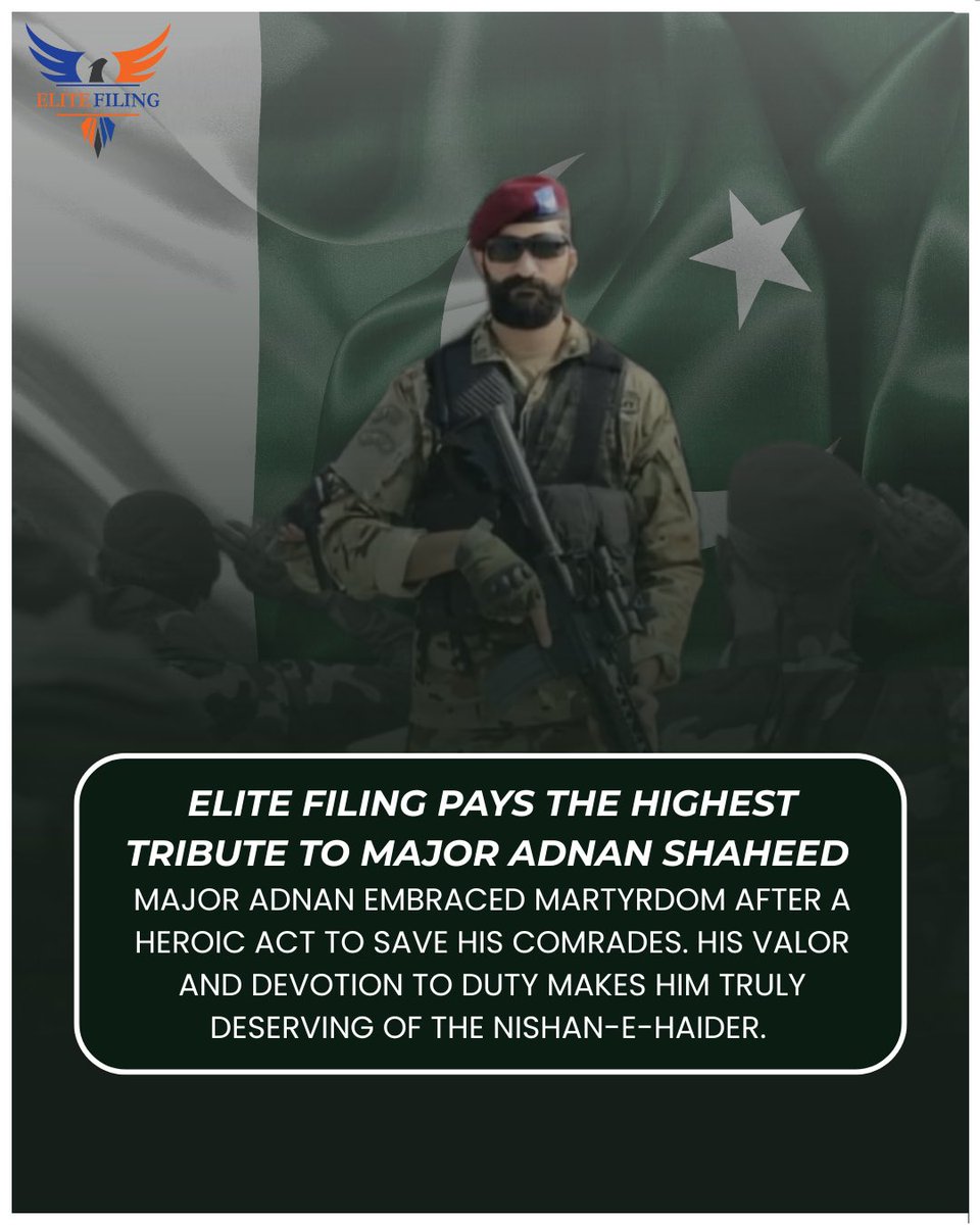 Elite_Filing's tweet photo. A true symbol of bravery and sacrifice. 
Elite Filing pays the highest tribute to Major Adnan Shaheed, who embraced martyrdom while saving his comrades. His unmatched courage and devotion to duty make him truly deserving of the Nishan-e-Haider. 🇵🇰✨ https://t.co/7ASGNaQwJX