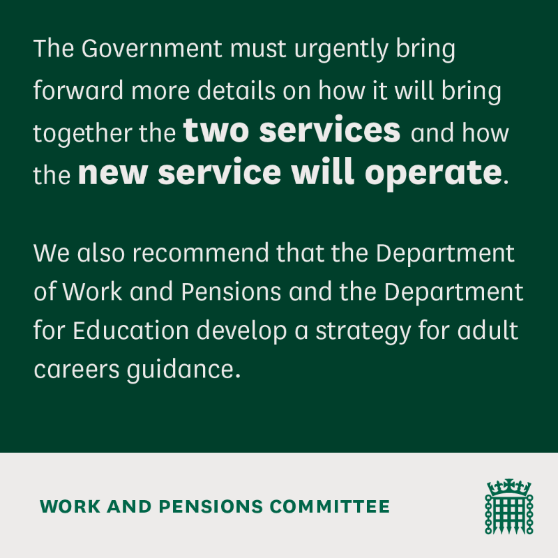 CommonsWorkPen's tweet photo. Plans to merge the National Careers Service and Jobcentres are an exciting opportunity, but progress is too slow. We call for a joint @DWPgovuk &amp; @EducationGovuk strategy, a review of funding, and clear accountability. 

Read our report ⬇️