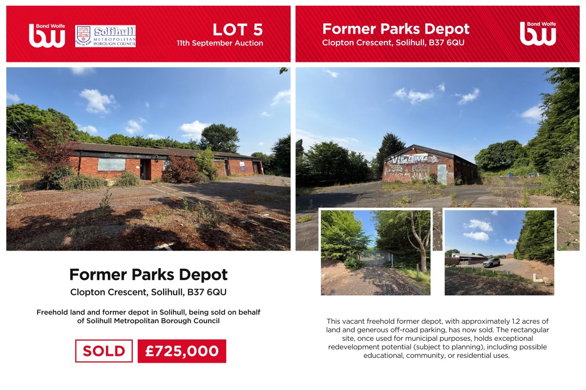 SOLD! 💪🔨

This vacant 1.2-acre former depot (with parking + huge redevelopment potential) went under the hammer at our auction. Superb location near M42, Birmingham Airport &amp; NEC. 🛫🛣️

Sold on behalf of <a href="/SolihullCouncil/">Solihull Council</a>. 🤝