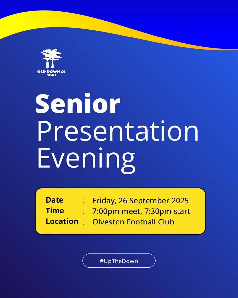 ODCC Senior Presentation Evening on Friday 26 September, 2025 at Old Down Football Club. Meet at 7:00 PM, starts at 7:30 PM. #ODCC #UpTheDown