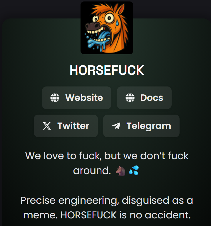 DEX Paid for $HORSEFUCK 🐴🍆

Only the start... #HORSEFUCK will drown Sol in cum &amp; pump charts like cheap hookers📈

Ds1CxLEcSaa6mmMwUH6cgr9Y4RbSLp4medTSJSTtpump

<a href="/dexscreener/">DEX Screener</a> #solana #memecoin #solanaairdrop