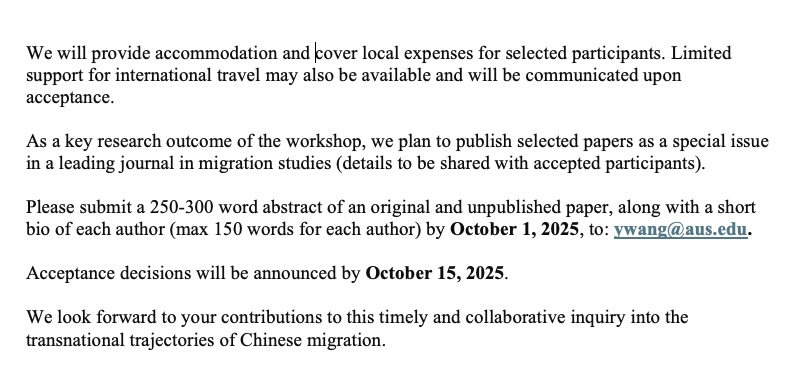 📢Call for papers for the international workshop "Global Chinese Migration and the Belt and Road: Emerging Connections in the Middle East and Africa"
🗓️January 9-11, 2026
📍American University of Sharjah, United Arab Emirates
📥Submit your abstract by: October 1, 2025