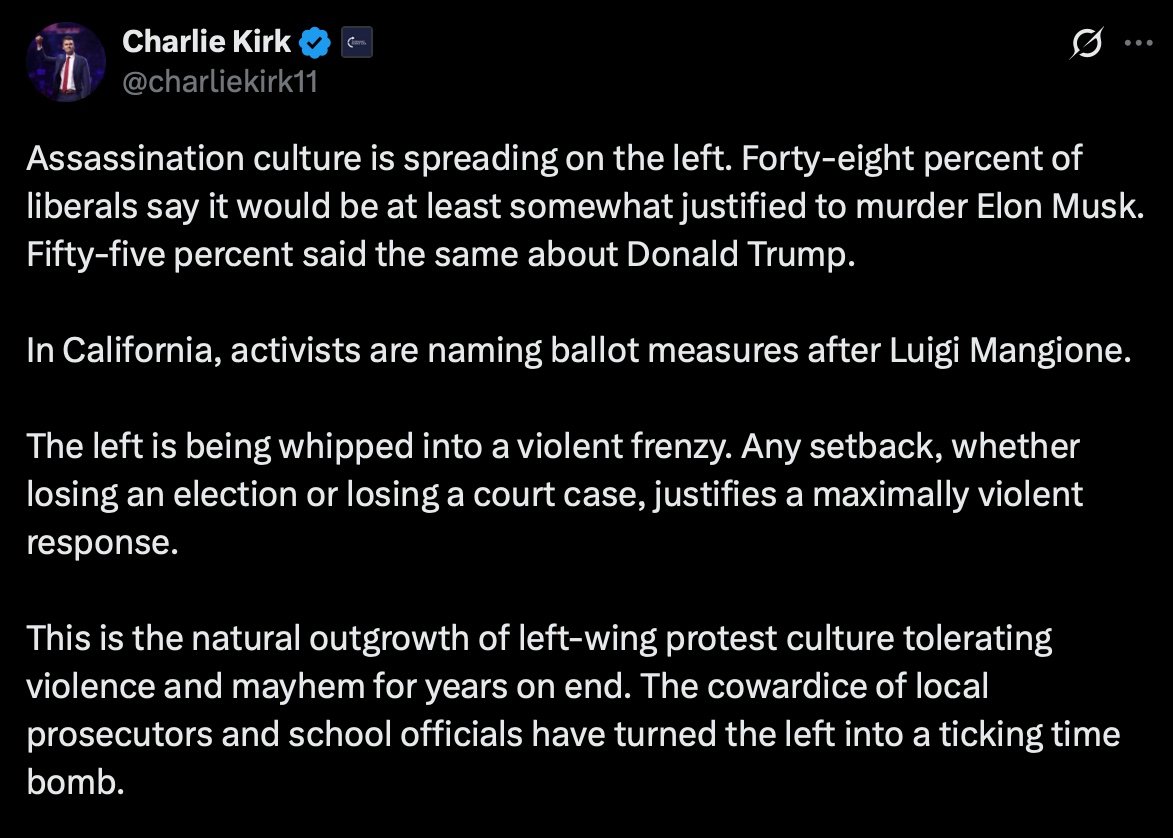 <a href="/AdamJSchwarz/">Adam Schwarz</a> Millions of people are currently cheering the assassination of Charlie Kirk.

At the very event where he was killed, a large group was literally chanting "kill Charlie Kirk!". The legacy news media, meanwhile, is trying to 'both sides' this, which is nothing more than deflection.
