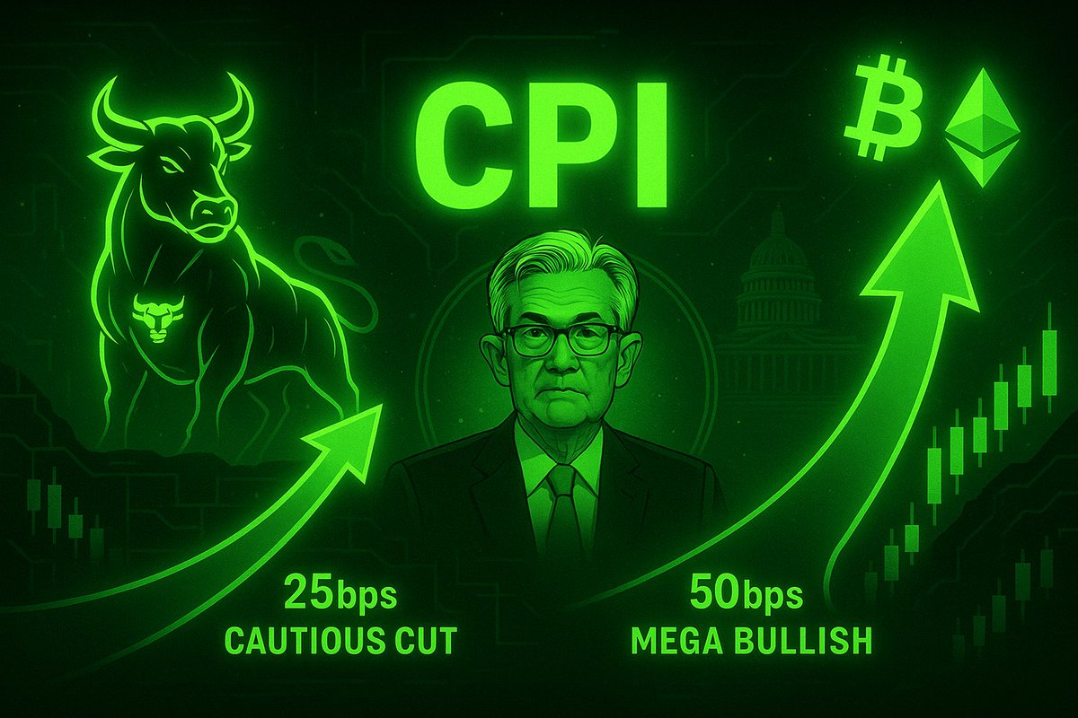 BullTheoryio's tweet photo. 🚨 TODAY’S CPI IS VERY CRUCIAL FOR YOUR CRYPTO PORTFOLIO 🚨

At 8:30 AM ET, the US will release CPI and Core CPI data.

Expectations:
• CPI → 2.9%
• Core CPI → 3.1%

Why does CPI matter? Because every major data point in the past 10 days shows the economy weakening:

• Payrolls revised down 911,000 jobs (biggest cut in history)
• Unemployment up to 4.3% (highest since 2021)
• PPI cooled to 2.6% vs 3.3% expected; Core PPI 2.8% vs 3.5% expected

Together: jobs are weakening, wholesale inflation is falling, consumers are under pressure. CPI now decides how big the Fed cuts rates.

➜ Above expectations CPI → Fed still cuts, but only 25bps, more cautious.

➜ At expectations → 25bps September cut confirmed as base case.

➜ Below expectations CPI → Opens door to 50bps this month and multiple cuts this year → most bullish for Bitcoin and alts.