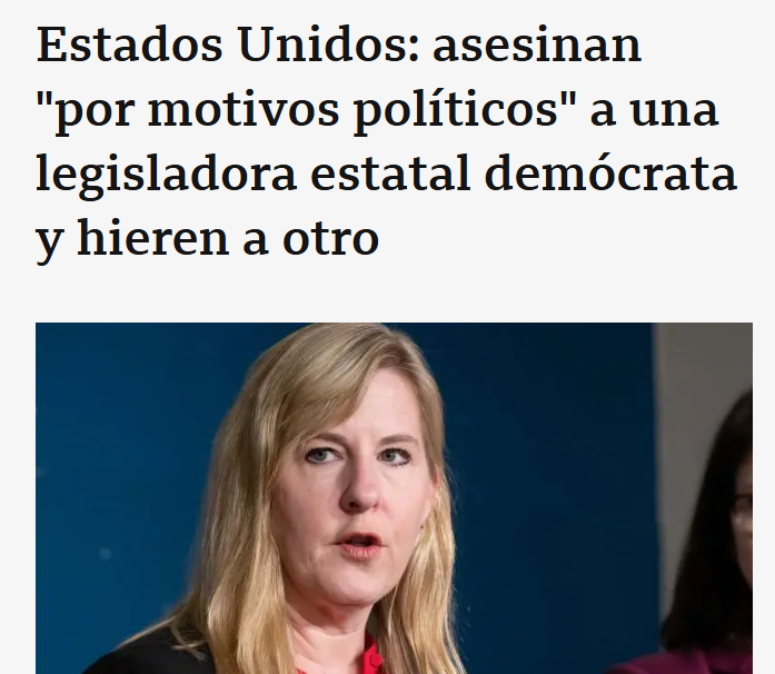 Hace solo 3 meses, un republicano, seguidor de Trump, antilgtbi+ y antimigrantes asesinó a una senadora demócrata y su marido.

Intento matar a otro senador.

Y ahora con lo de Charlie Kirk intentan sembrar un relato cuando entonces callaron. La violencia tiene sello ultra.