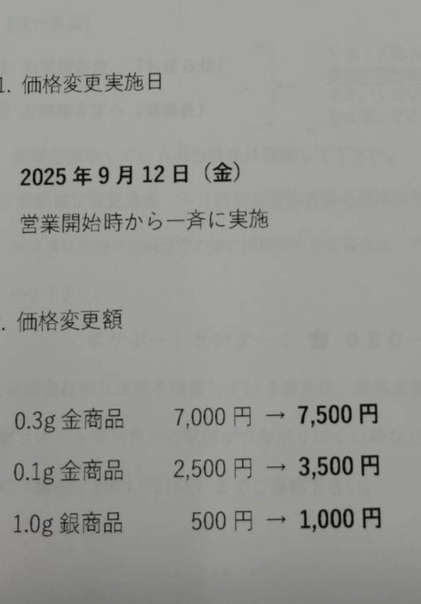 TUCさん (東京のパチンコ屋さんの特殊景品) 今日から 1g銀景品が500円