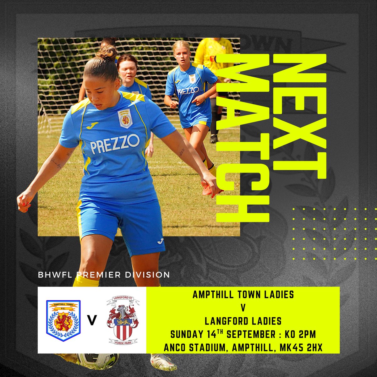 THE LADIES ARE BACK AT THE ANCO 

We kick off our league season, looking to go one better than last year and win it!

A big support always helps, come down!

📅Sunday 14th September
🕑2pm
🆚<a href="/LangfordLadies/">Langford Ladies</a>
🏆<a href="/BHWGFL/">Bed's & Hert's Womens Football League</a> Premier Division 
🏟️<a href="/Anco_Ltd/">Anco Dog Treats</a>  Stadium, Ampthill

<a href="/ampthillfc/">Ampthill Town FC</a>