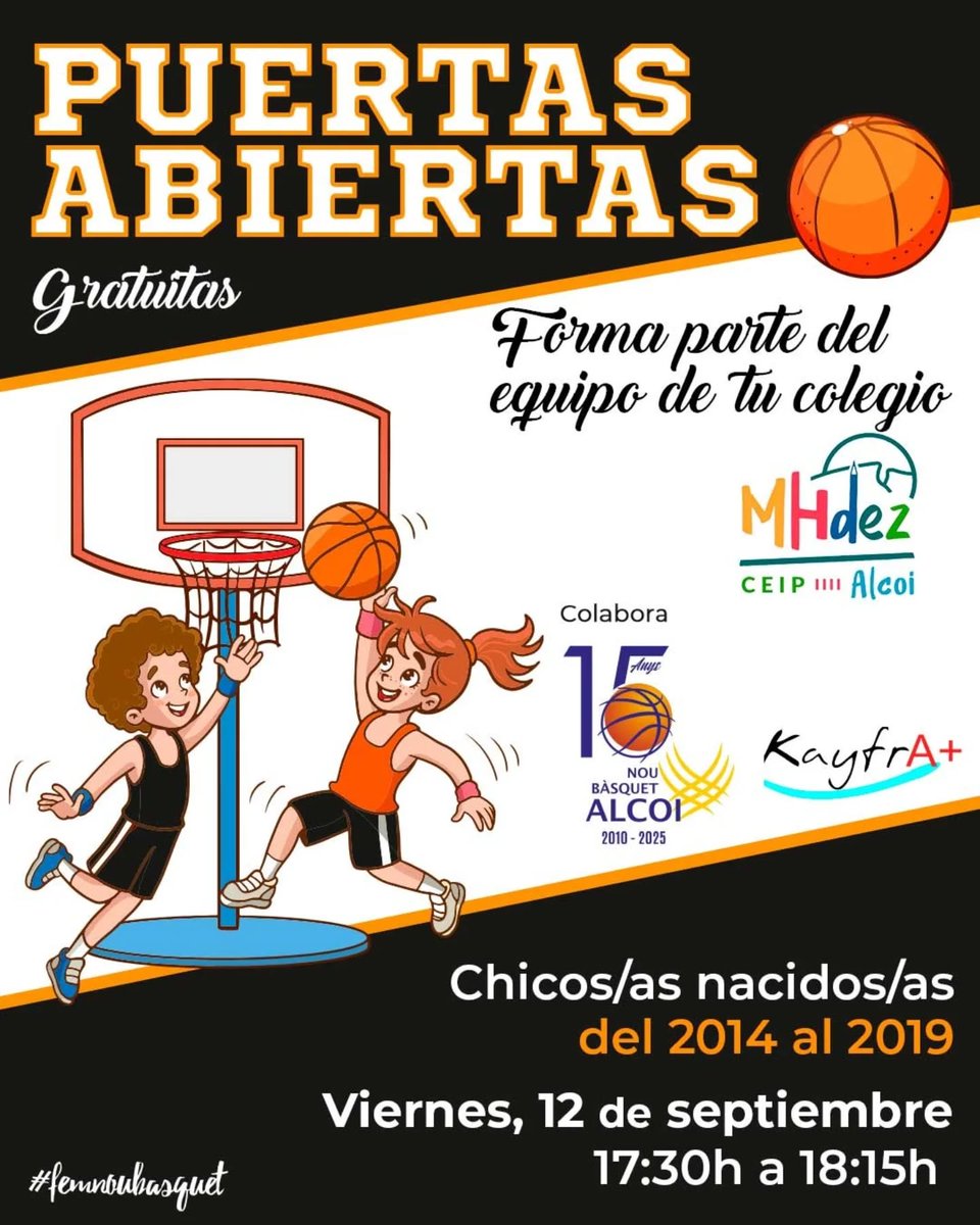 ℙ𝕌𝔼ℝ𝕋𝔸𝕊 𝔸𝔹𝕀𝔼ℝ𝕋𝔸𝕊 ℂ𝕆𝕃𝔼𝔾𝕀𝕆 ℂ𝔼𝕀ℙ 𝕄𝕀𝔾𝕌𝔼𝕃 ℍ𝔼ℝℕÁℕ𝔻𝔼ℤ
Viernes 12/09 de 17:30h a 18:15h
Después, podréis seguir disfrutando de talleres, actividades e hinchables
Organizado por el AMPA del Miguel Hernández.
#FemNouBasquetAlcoi
#PuertasAbiertas