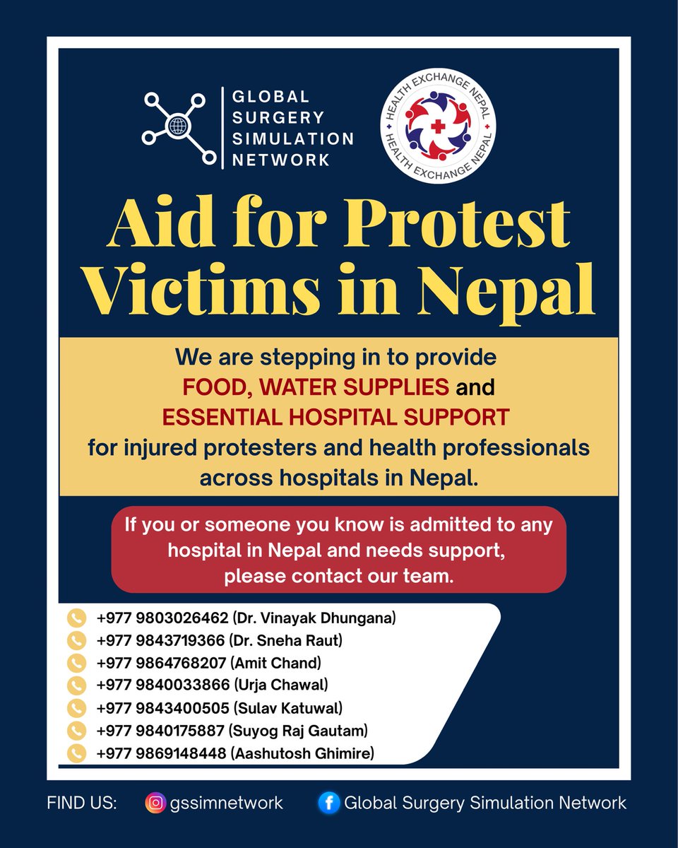 GSSimNetwork's tweet photo. Across Nepal, injured protesters in hospitals are struggling without food, clean water &amp; essentials.

GSSN &amp; Health Exchange Nepal are stepping in to provide vital support.

📞 If you or someone you know needs help in hospital, contact our liaison officers. https://t.co/tVdm6FeIHi