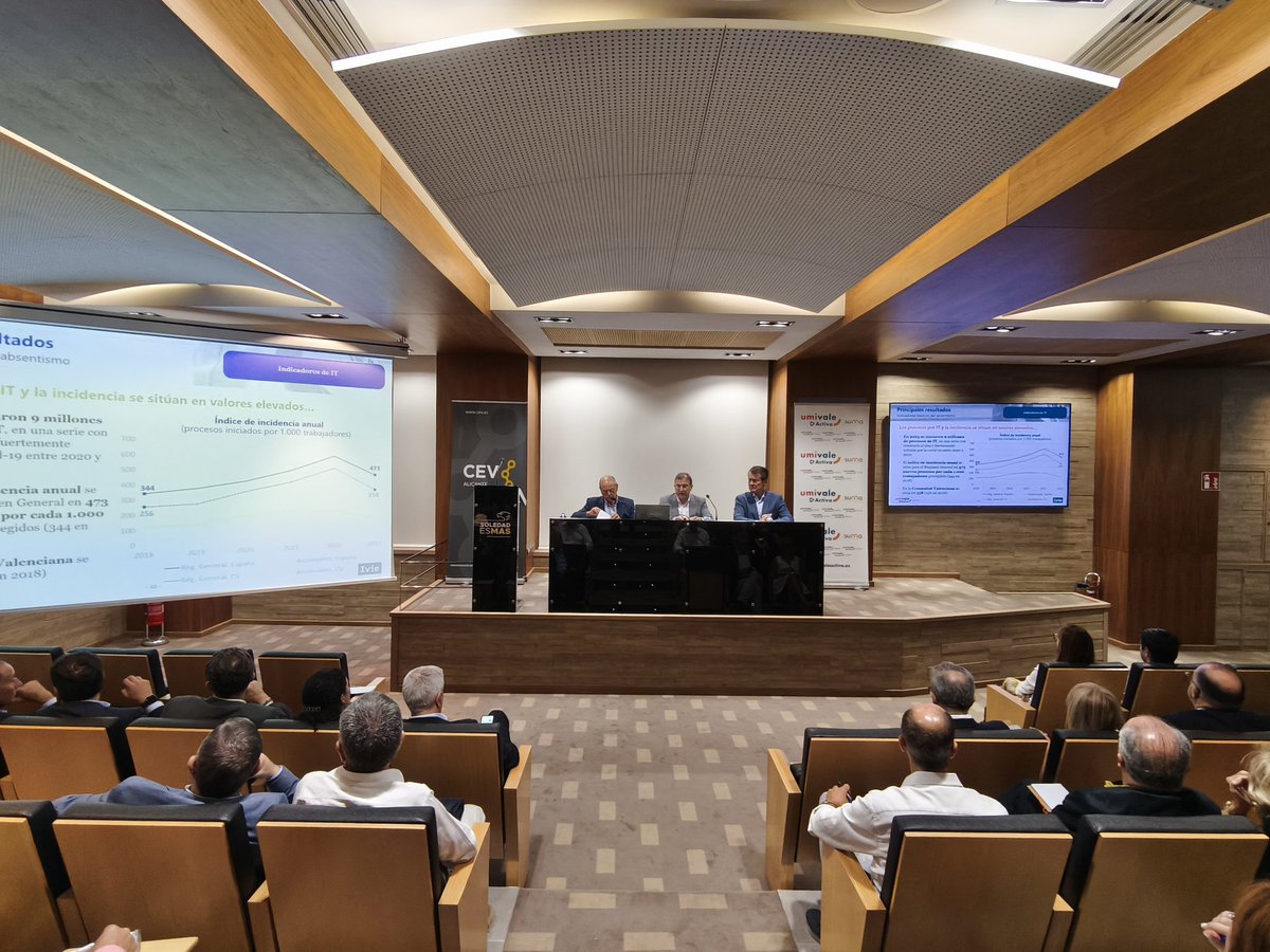 Lorenzo Serrano (#Ivie <a href="/fdeconomiauv/">Facultat d'Economia</a>) destaca que el porcentaje de jornadas laborales perdidas por incapacidad temporal en la C. Valenciana ha pasado del 3,8% al 5,3% en solo cinco años
'Radiografía de la IT en España ' <a href="/CEV_CV/">CEV</a> <a href="/umivaleactiva/">Umivale Activa</a> <a href="/Grupo_Soledad/">Grupo Soledad</a>